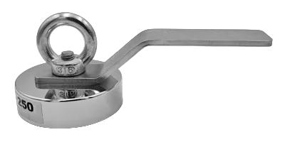 Metallic diving magnet with a ring handle on a white background, branded