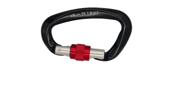 Black carabiner with red and silver accents on a white background, branded 'Divingmagnets.com'.