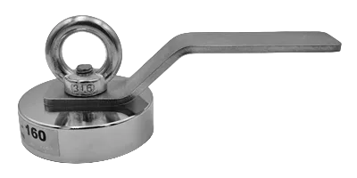 Metallic diving magnet with a handle on a white background, branded
