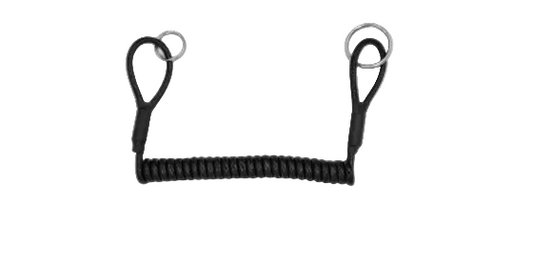 Black coiled lanyard with metal rings on a white background, branded 'Divingmagnets.com'.